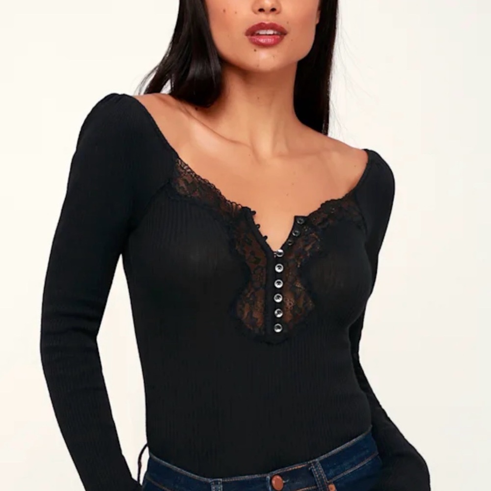 (NWT) Free People | To The West Black Lace-Trim Ribbed Long-Sleeve Top